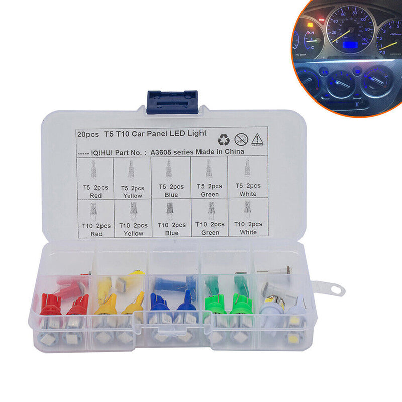 20pcs Assorted T5 T10 LED Wedge Bulbs for Car Interior Instrument Cluster Light