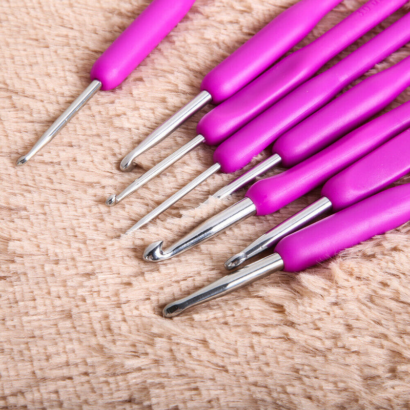 8 sizes Soft Plastic Handle Home Aluminum Crochet Knit Hook Needle Purple Newly