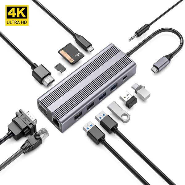 VGA Gigabit Ethernet 4K Dual HDMI Docking Station USB Type-C Hub For Laptop PC