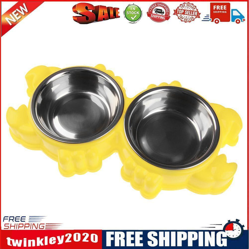Dog Cat Drinking Bowl Stainless Steel Double Basins Pet Feeder (Yellow)