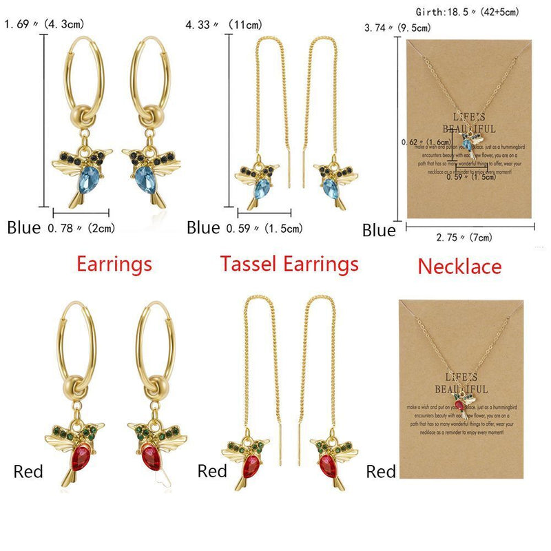 Design Hummingbird Crystal Birds Pendant Necklace Long Tassel Drop Earrings