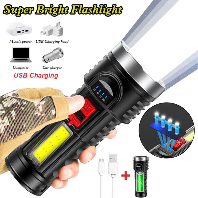 Portable USB Rechargeable COB Super Bright Light Electric Torch Hand Flashlight