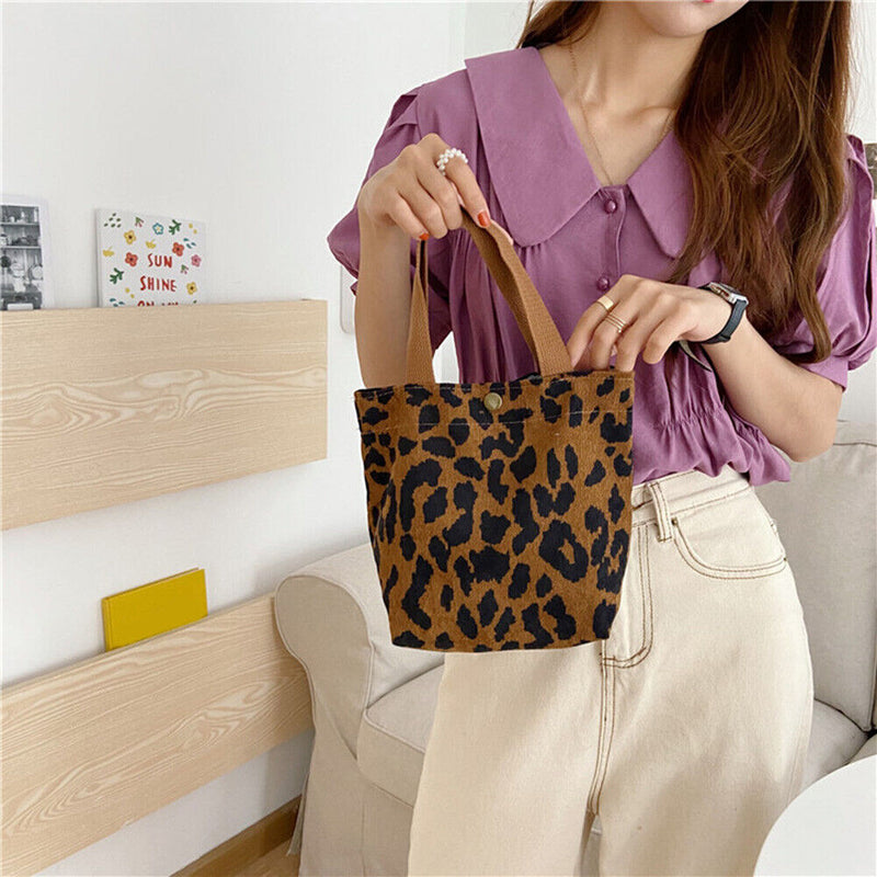 Retro Animal Pattern Corduroy Cooler Lunch Bag Portable Food Bento Case Handbags