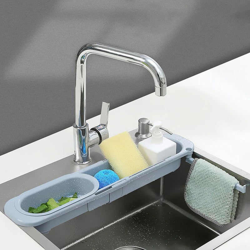 Telescopic Sink Shelf Soap Sponge Holder Drainer Storage Basket (Blue Gray)