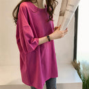 Summer Half Sleeve Long T-shirt Candy Color Loose Women Tops (Rose Red L)