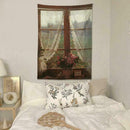 Rustic Microfiber Wide Tapestry Old Window and Flowers K3C6