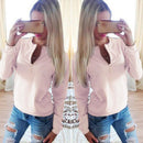 Women Autumn Solid Color Long Sleeve Blouse Top Shirt Pink XL