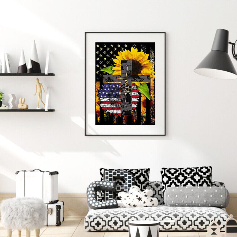 5D DIY Full Round Drill Diamond Painting Flag Flower on Cross Handmade Art Craft