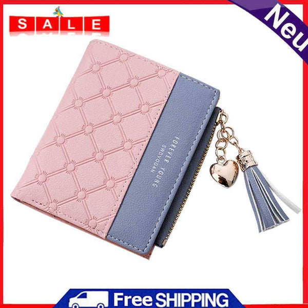 Tassel Zipper Coin Purse Checked Splicing Color PU Women Wallets (Pink)