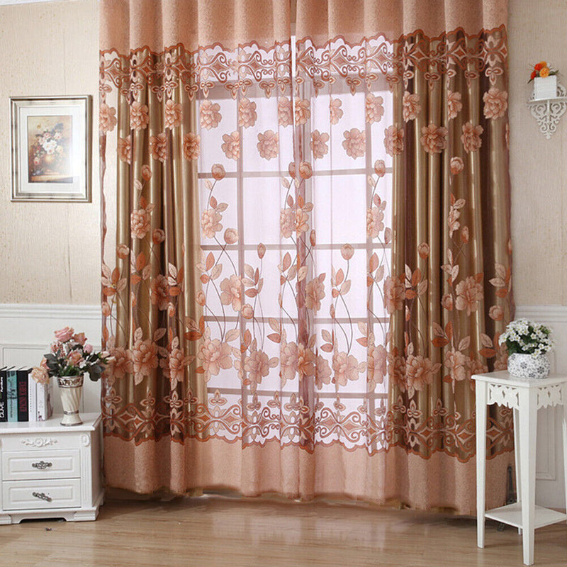 Floral Tulle Voile Window Screening Shading Window Curtain (Coffee)