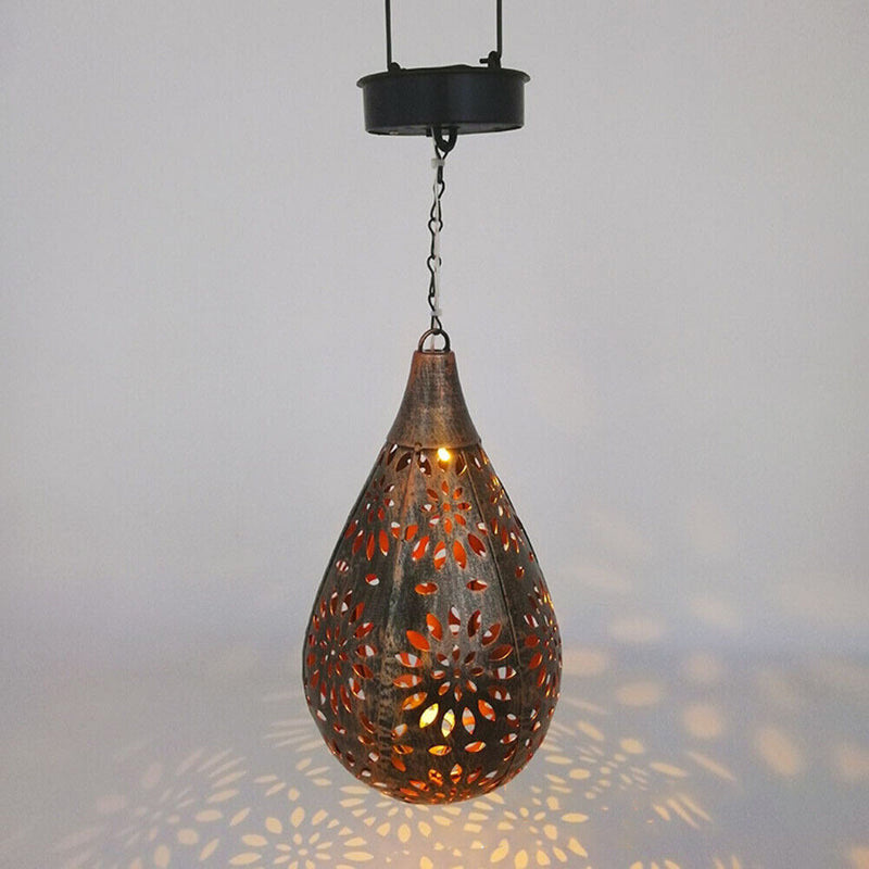 Metal Water Drop Solar Hollow Projection Lamps Outdoor Hanging Lights (B)