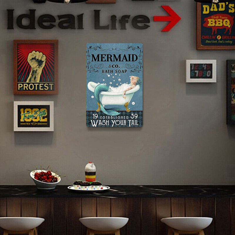 Retro Bathing Mermaid Metal Plate Painting for Bar Pub Tin Plaque Wall Sign