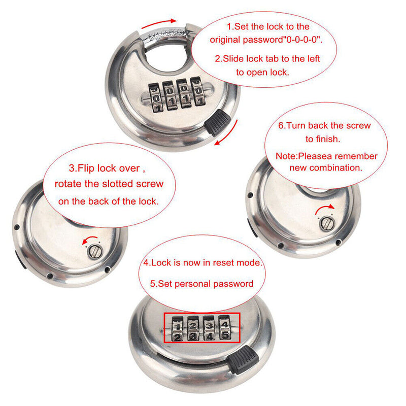 4 Digit Combination Discus Lock Keyless Stainless Steel Disc Padlock 70mm Newly
