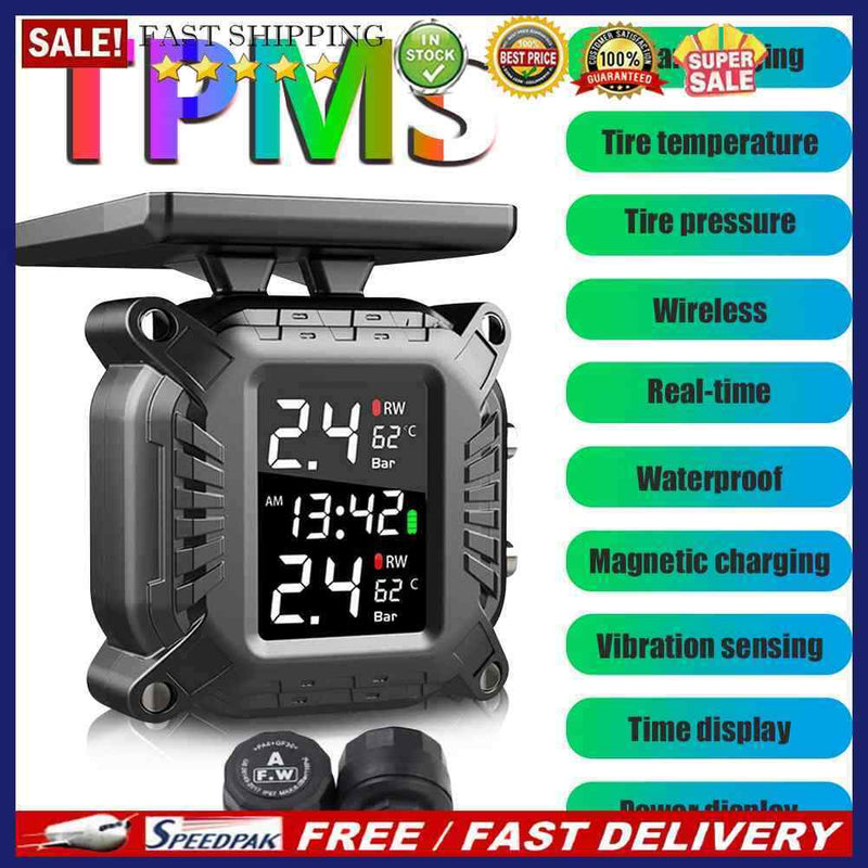 Solar Motorcycle TPMS Tire Pressure Monitoring System with 2 External Sensor