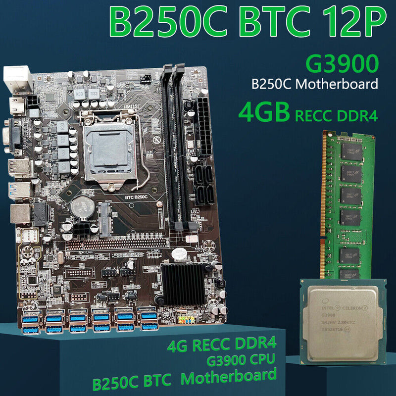 B250C BTC DDR4 4G Memory USB3.0 Mining Machine Motherboard Kit + G3900/G3930 CPU
