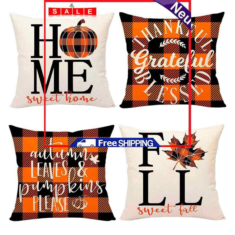 Throw Pillow Covers - 4-Piece Pumpkin Maple Leaf Plaid Print Zipper Pillowcase