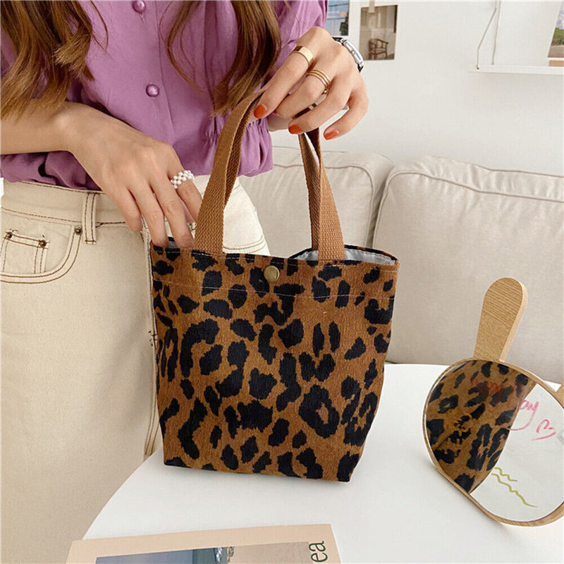 Retro Animal Pattern Corduroy Cooler Lunch Bag Portable Food Bento Case Handbags