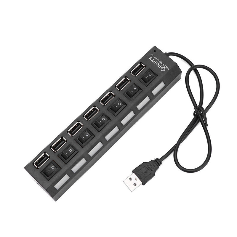 7 Ports High Speed USB 2.0 Hub Splitter w/ON/OFF Switch for Laptop (Black)
