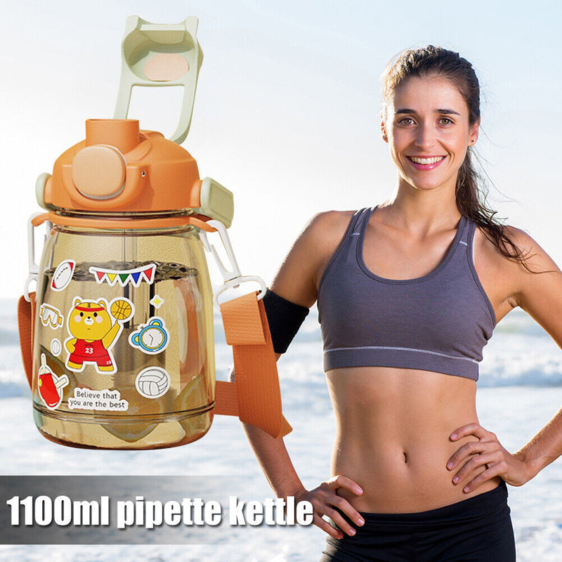 1100ml Straw Big Belly Water Cup Drinking Water Bottle w/ Stickers (Orange)