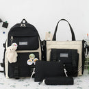 Women Fashion Canvas 4pcs Hit Color Backpack with Badge Pendant Shoulder Bag