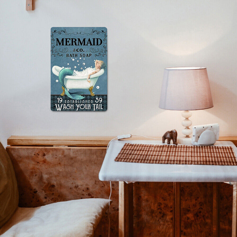 Retro Bathing Mermaid Metal Plate Painting for Bar Pub Tin Plaque Wall Sign