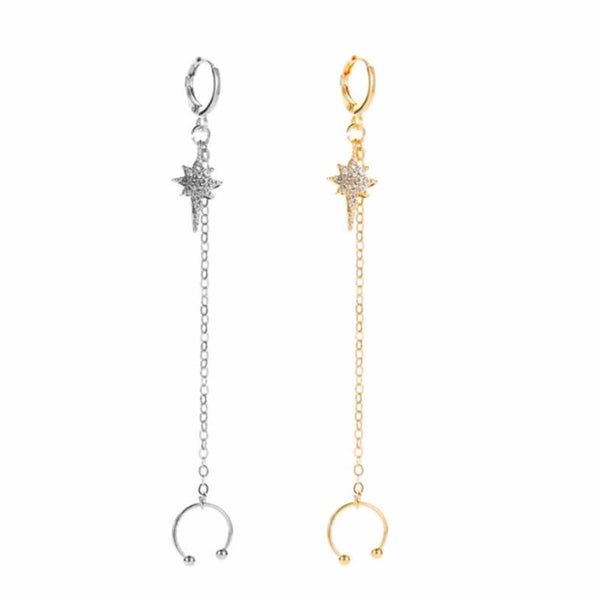 Earrings Stud Earring Six-Pointed Star Long Ear Clips Diamonds Tassel Chain