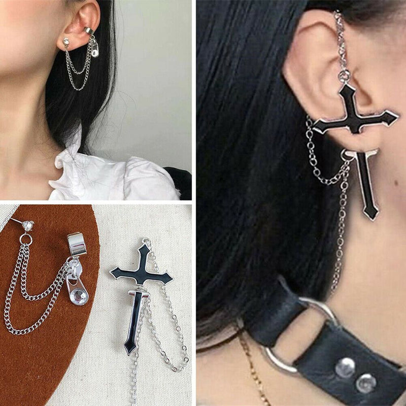 European Style Cross Earrings Zipper Dangle Drop Punk Long Chain Stud Earrings