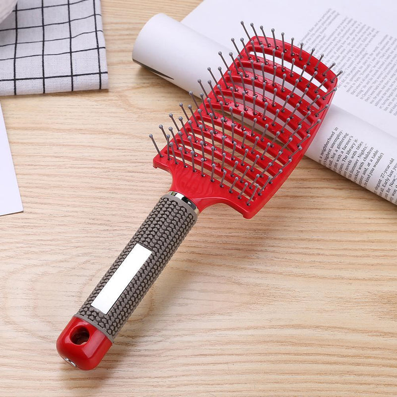 Plastic Nylon Anti-Static Hair Brush Curved Row Scalp Massager Comb (Red) Newly