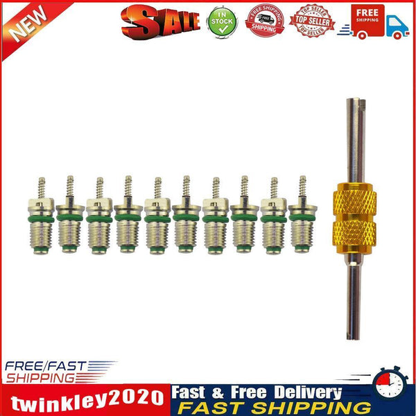 10pcs R134a Car A/C Valve Cores Air Conditioning Valve Cores Green + Tool Newly