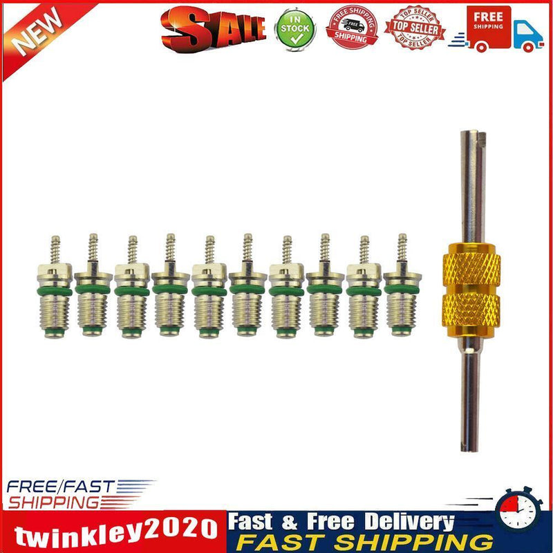 10pcs R134a Car A/C Valve Cores Air Conditioning Valve Cores Green + Tool Newly