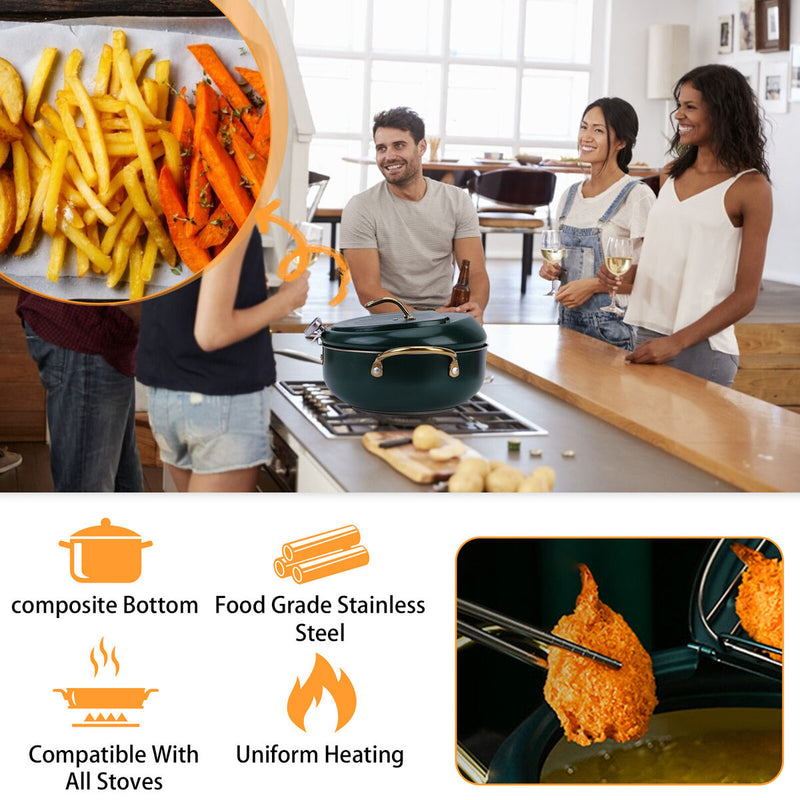 Deep Fryer Pot Stainless Steel Tempura Pot with Thermometer (24cm Green)