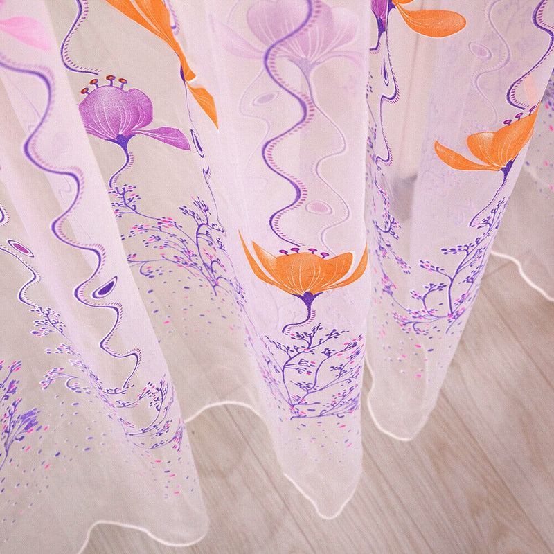 Flowers Print Translucent Curtains Windows Decor Tulle Sheer Drapes Purple