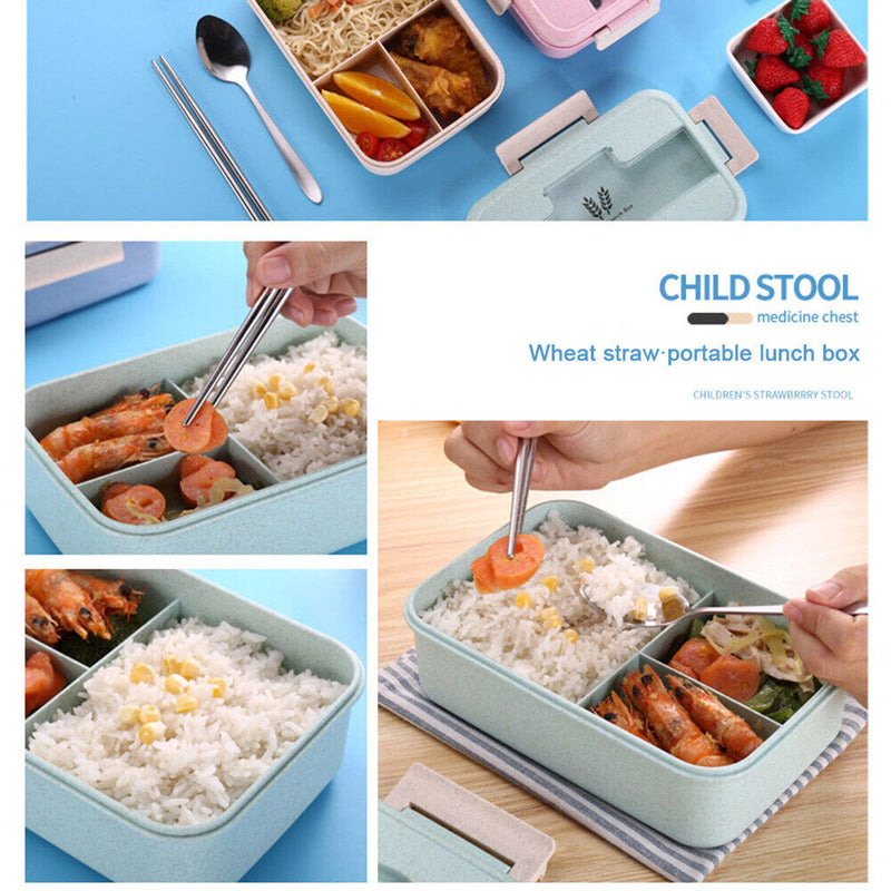 Microwave Lunch Box Wheat Straw Compartments Bento Food Container (Blue) Newly