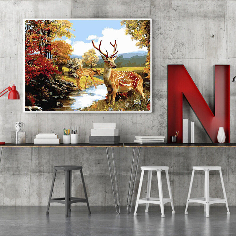 Deer by the Creek Oil Paint By Numbers DIY Canvas Wall Art Picture Craft Decor