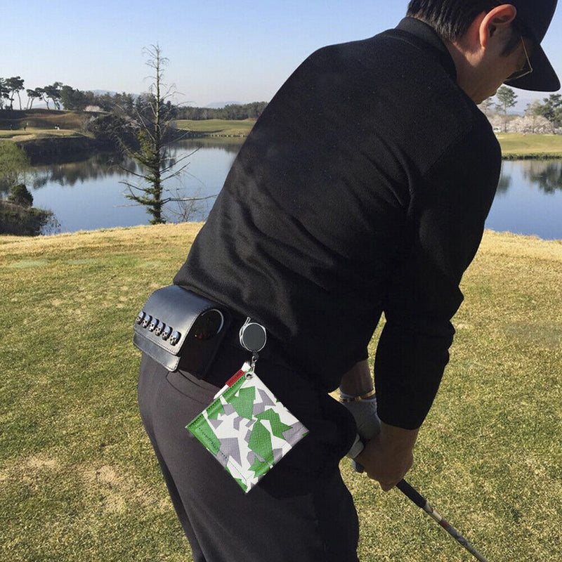 Mini Square Double-Sided Golf Ball Cleaning Towel w/ Carabiner Camo (Green)