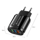 EU Plug 3 Port USB Charger QC3.0 Wall Phone Fast Charging Adapter (Black)