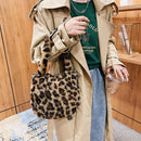 Fashion Women Leopard Print Plush Shoulder Bag Winter Chain Handbag (Brown)