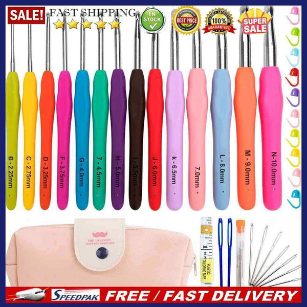 14pcs Aluminum Crochet Set TPR Soft Handles Knitting Needles Kit DIY Sewing Tool
