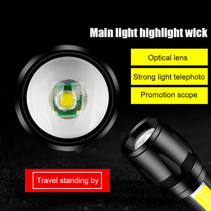 XPE+COB LED Flashlight USB Rechargeable IPX4 3 Modes Emergency Torch Light Newly