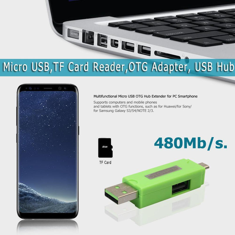 Micro USB TF Card Reader OTG Adapter USB2.0 Hub Connector for PC (Green)