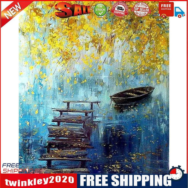 Frameless Oil Paint By Numbers Riverside Boat DIY Canvas Picture Craft Kit