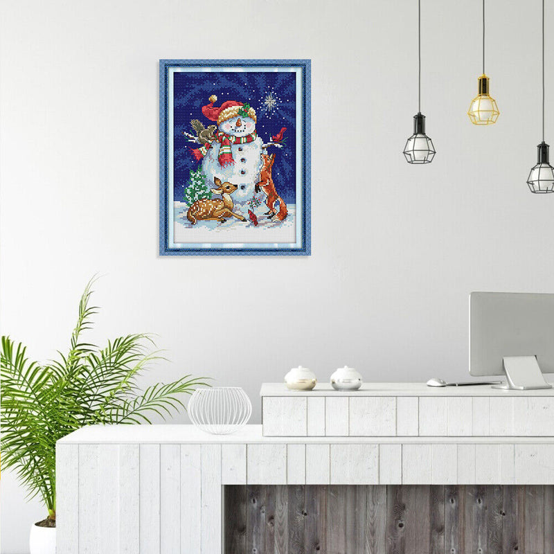 14CT Stamped DIY Midnight Snowman Cross Stitch Canvas Needlework (C495)