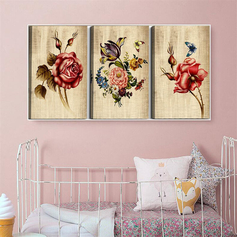 3 Panels Wood Grain Flowers Oil Paint By Numbers Kits DIY Hand Painted Wall Art