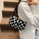 Women Retro Checker Print Shoulder Bag Autumn Winter Casual Plush Small Handbags