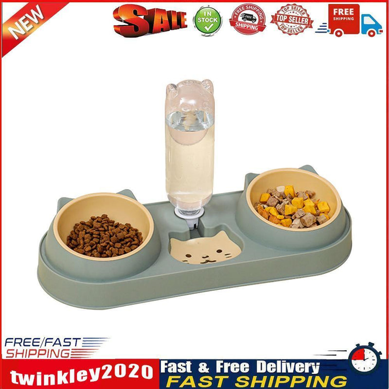 Cats Dogs Double Bowl Auto Feeder Water Dispenser Food Container (Green) Newly