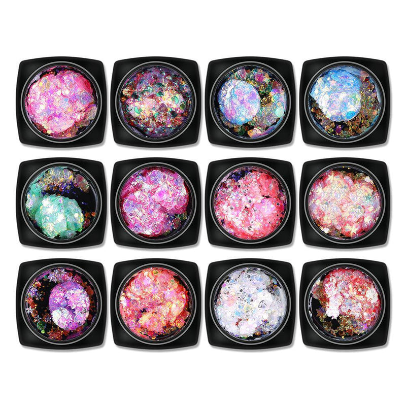 12 Bottles Glitter Nail Gel Polish Sequins Soak Off Salon Makeup Decor