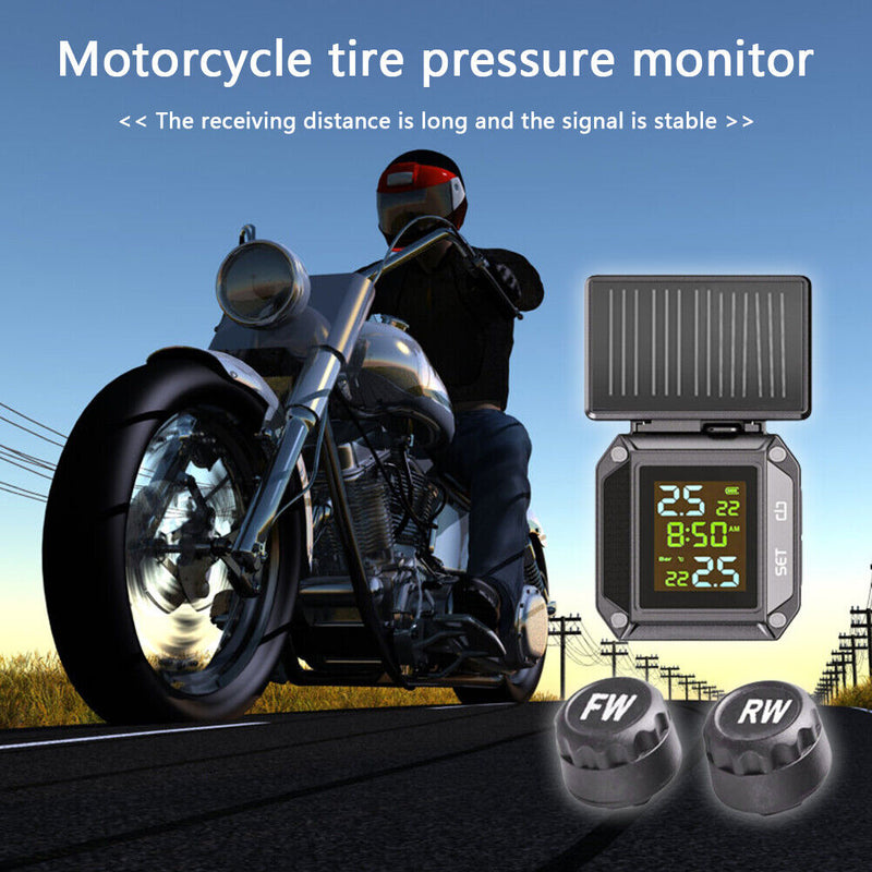 Wireless LCD Tire Pressure Monitor Solar Waterproof Motorcycle TPMS Kit Newly