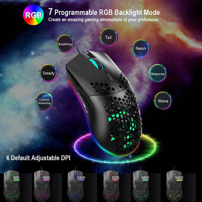 USB Lightweight Gaming Mouse RGB Backlit 6400DPI Honeycomb Shell Mice for PC