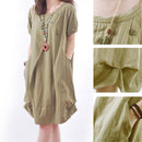 Solid Color Pleated O Neck Dress Button Women Short Sleeve Casual Loose Dresses