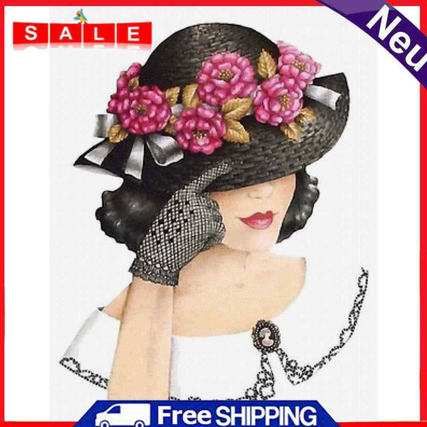 DIY Mosaic Kit 5D Round Painting Full Diamond Drill Woman with Flower Hat Gift